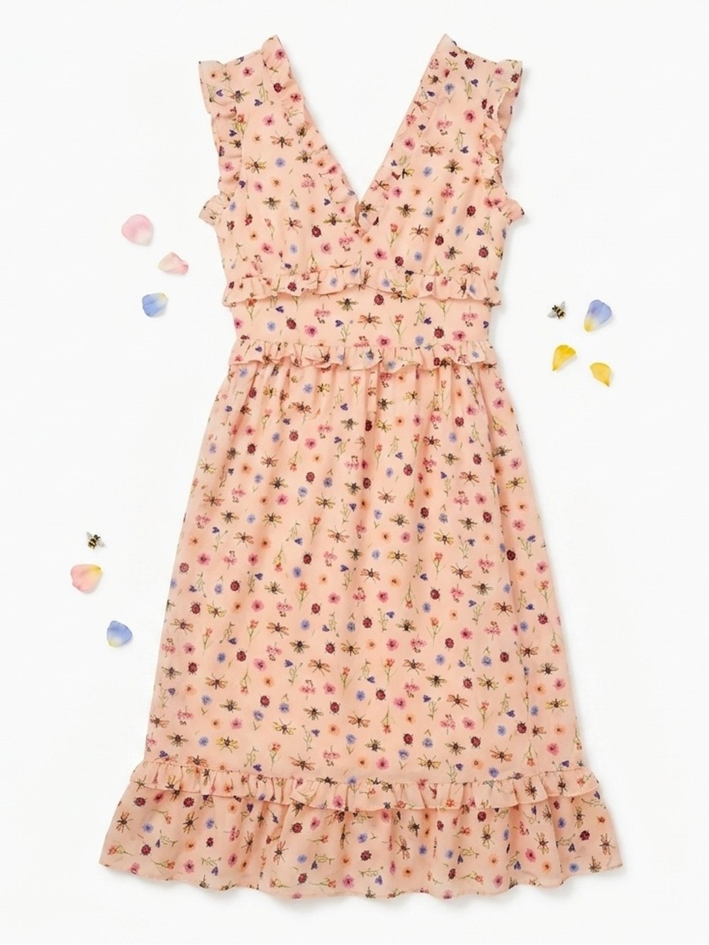 Betsey Johnson Blush Peach Floral Ruffle-Trim Midi Dress
